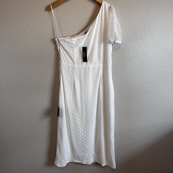 NWT Lulu’s Dress White Polka Dot Mesh One-Shoulder Midi XL Slit Cocktail Event - Picture 3 of 11
